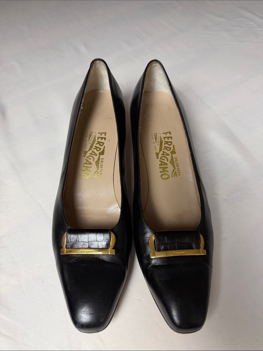 Vintage Salvatore Ferragamo Black Leather Pumps with Gold Buckle 9.5 AAA